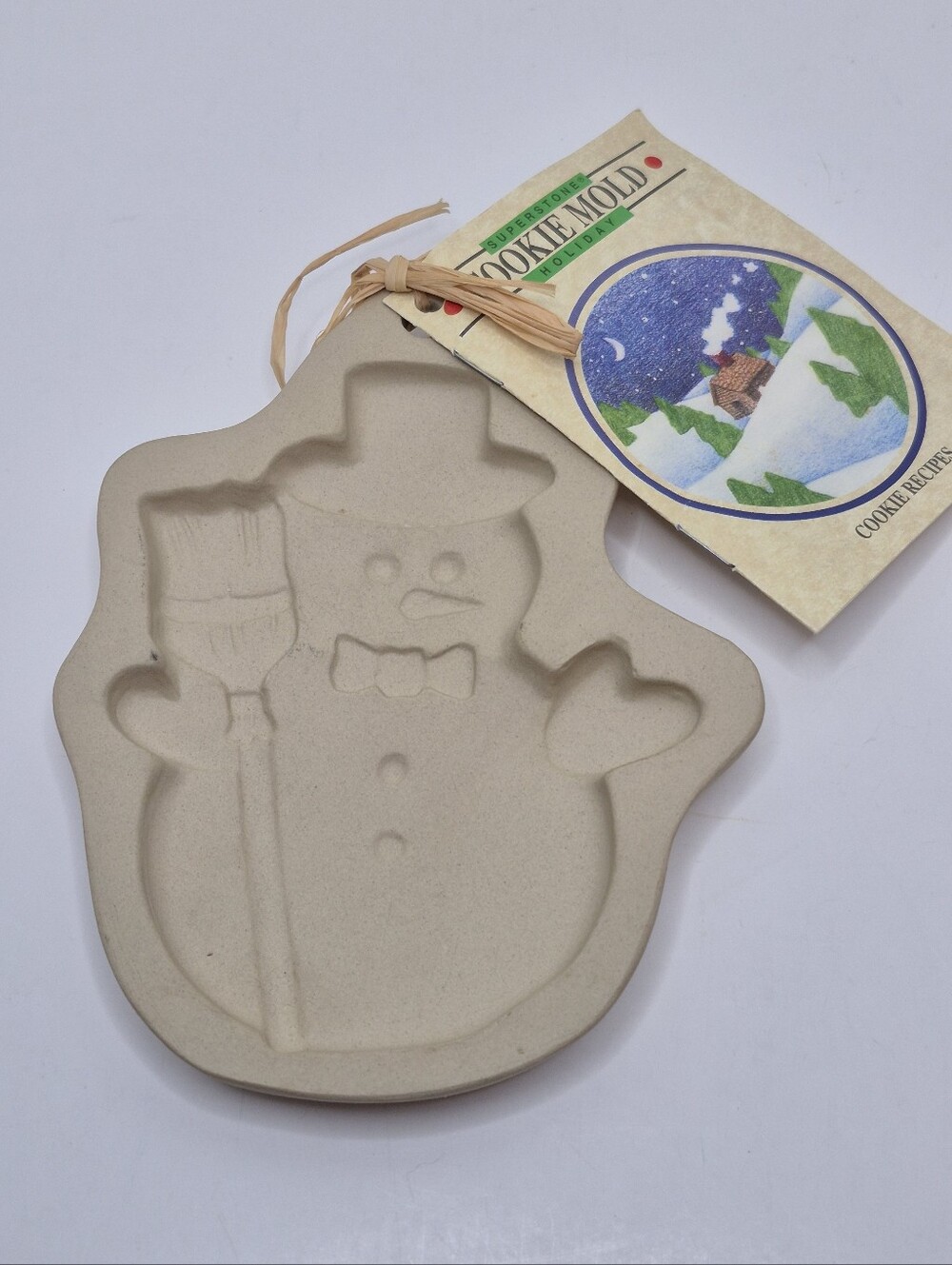 Sassafras Superstone Snowman w Hat and Broom Cookie Mold Holiday Bakeware NWT